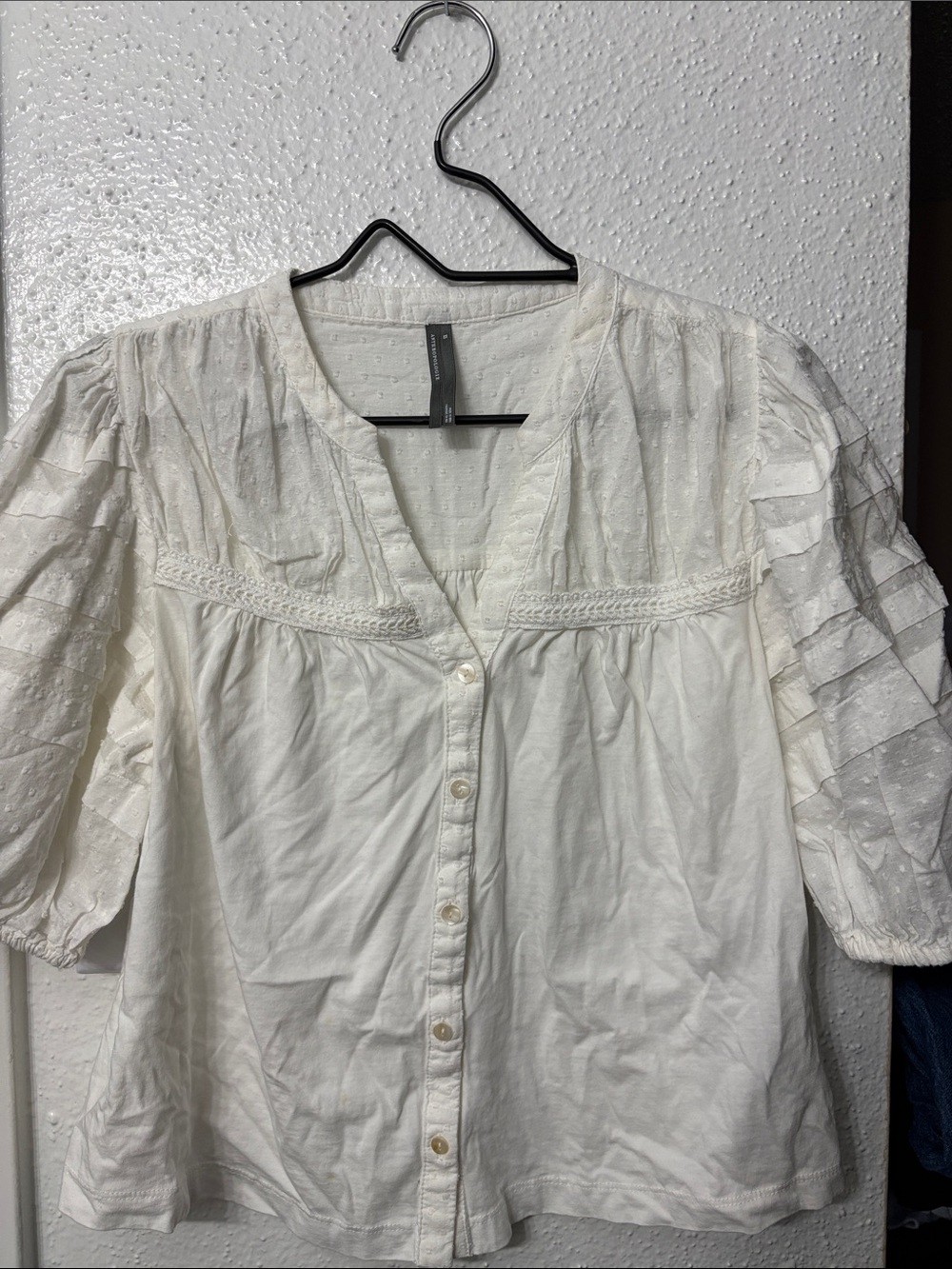 Anthropologie Women's White Button-Front Peasant Blouse